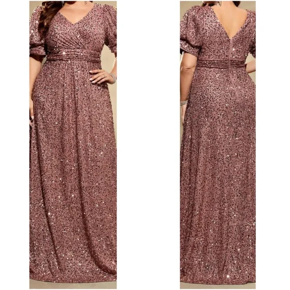 Plus Sequin Puff Sleeve High Waisted Party Formal Wedding Dress - Picture 6 of 9